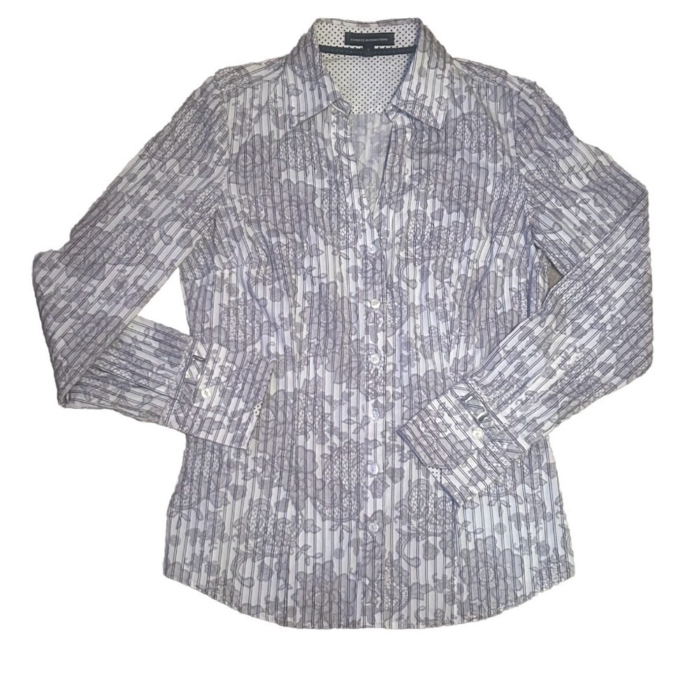 Express Women’s Gray & White Striped Button Down V-Neck Floral Shirt Size Small